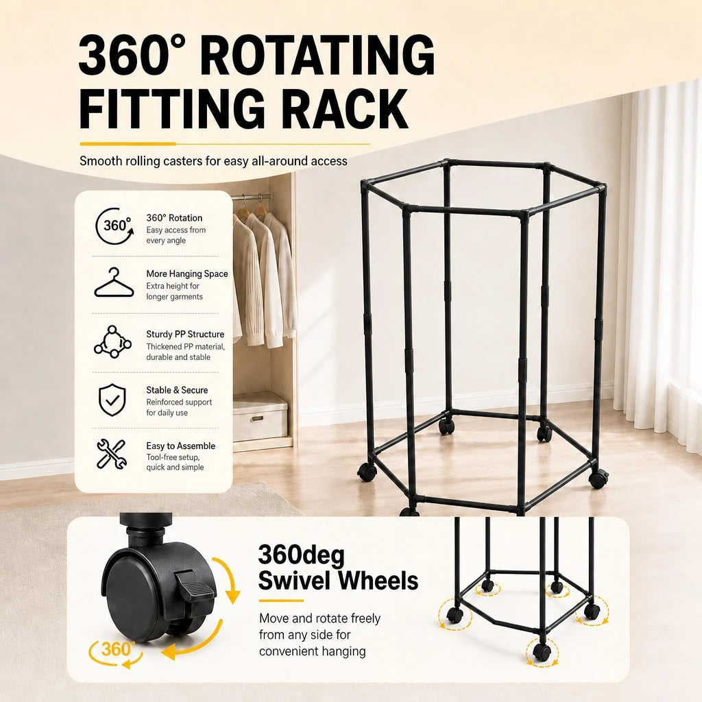 1pc 360° Rotating Garment Rack, Freestanding Clothes Drying Stand With Swivel Wheels, Metal Tubes + Thickened PP Connectors, Tool‑Free Assembly, Space Saving Corner Rack For Laundry Bedroom