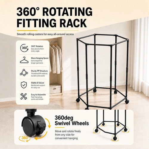 1pc 360° Rotating Garment Rack, Freestanding Clothes Drying Stand With Swivel Wheels, Metal Tubes + Thickened PP Connectors, Tool‑Free Assembly, Space Saving Corner Rack For Laundry Bedroom
