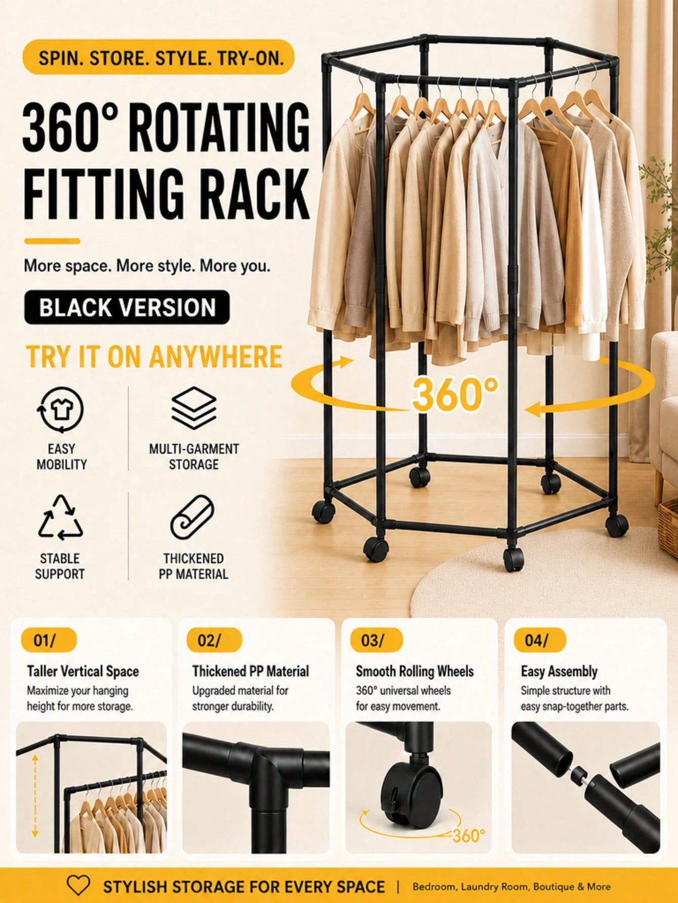1pc 360° Rotating Garment Rack, Freestanding Clothes Drying Stand With Swivel Wheels, Metal Tubes + Thickened PP Connectors, Tool‑Free Assembly, Space Saving Corner Rack For Laundry Bedroom