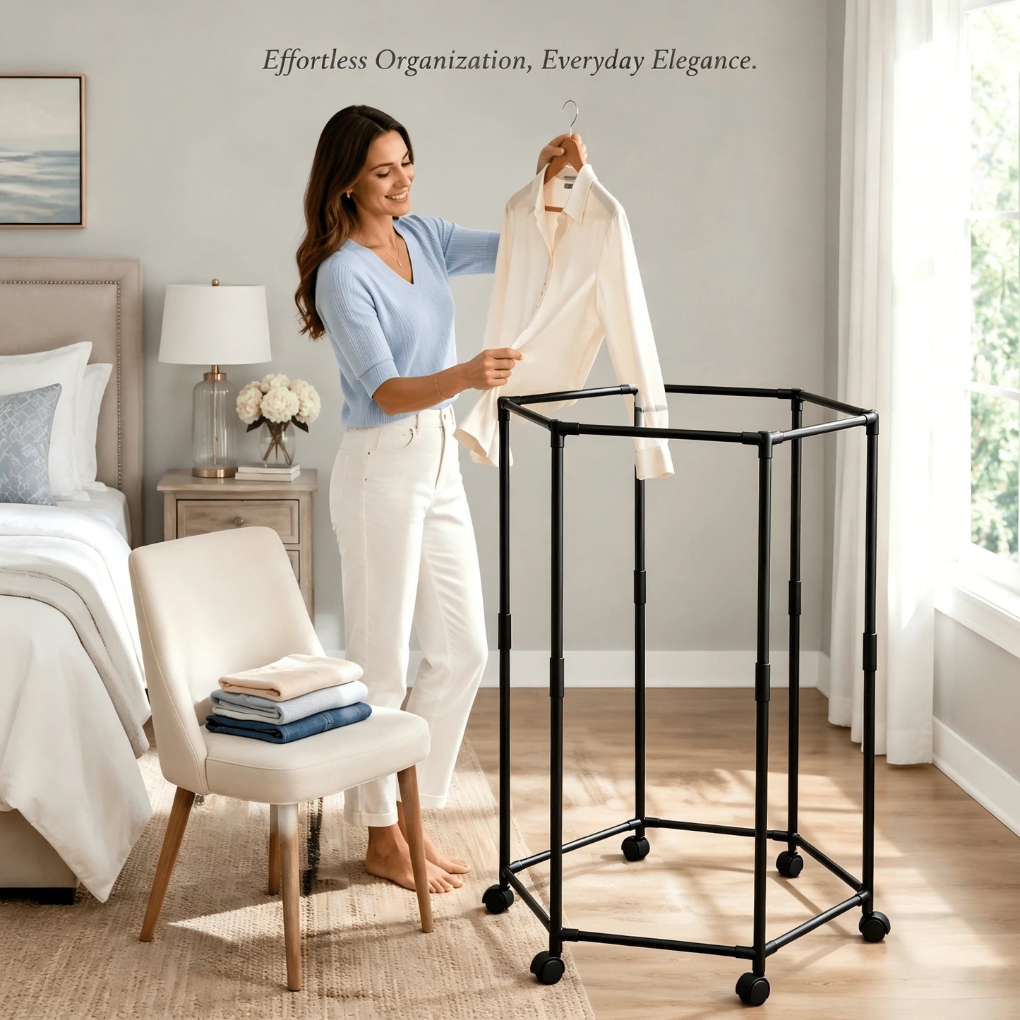 1pc 360° Rotating Garment Rack, Freestanding Clothes Drying Stand With Swivel Wheels, Metal Tubes + Thickened PP Connectors, Tool‑Free Assembly, Space Saving Corner Rack For Laundry Bedroom