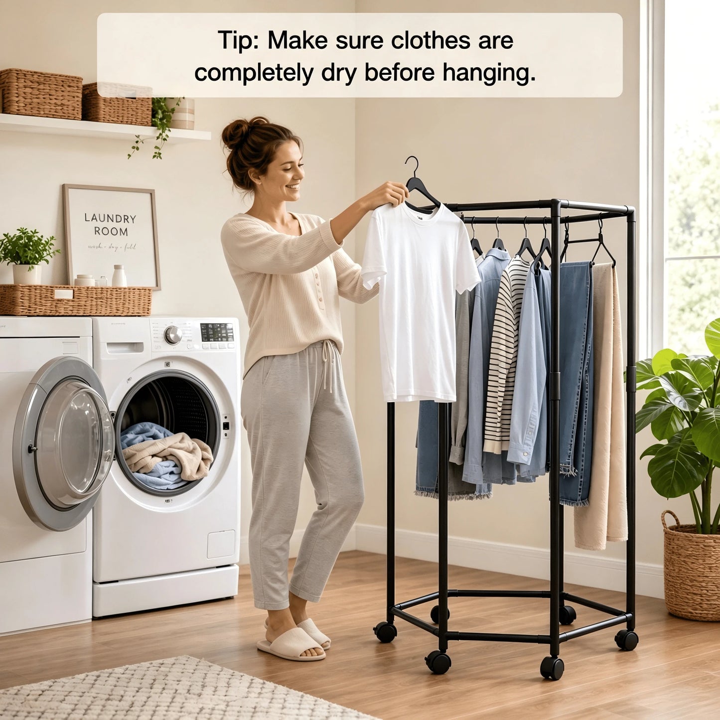 1pc 360° Rotating Garment Rack, Freestanding Clothes Drying Stand With Swivel Wheels, Metal Tubes + Thickened PP Connectors, Tool‑Free Assembly, Space Saving Corner Rack For Laundry Bedroom