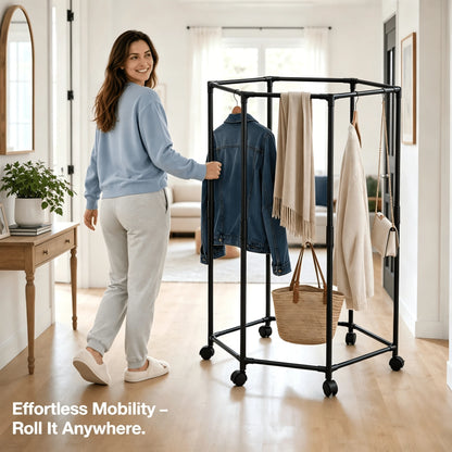 1pc 360° Rotating Garment Rack, Freestanding Clothes Drying Stand With Swivel Wheels, Metal Tubes + Thickened PP Connectors, Tool‑Free Assembly, Space Saving Corner Rack For Laundry Bedroom