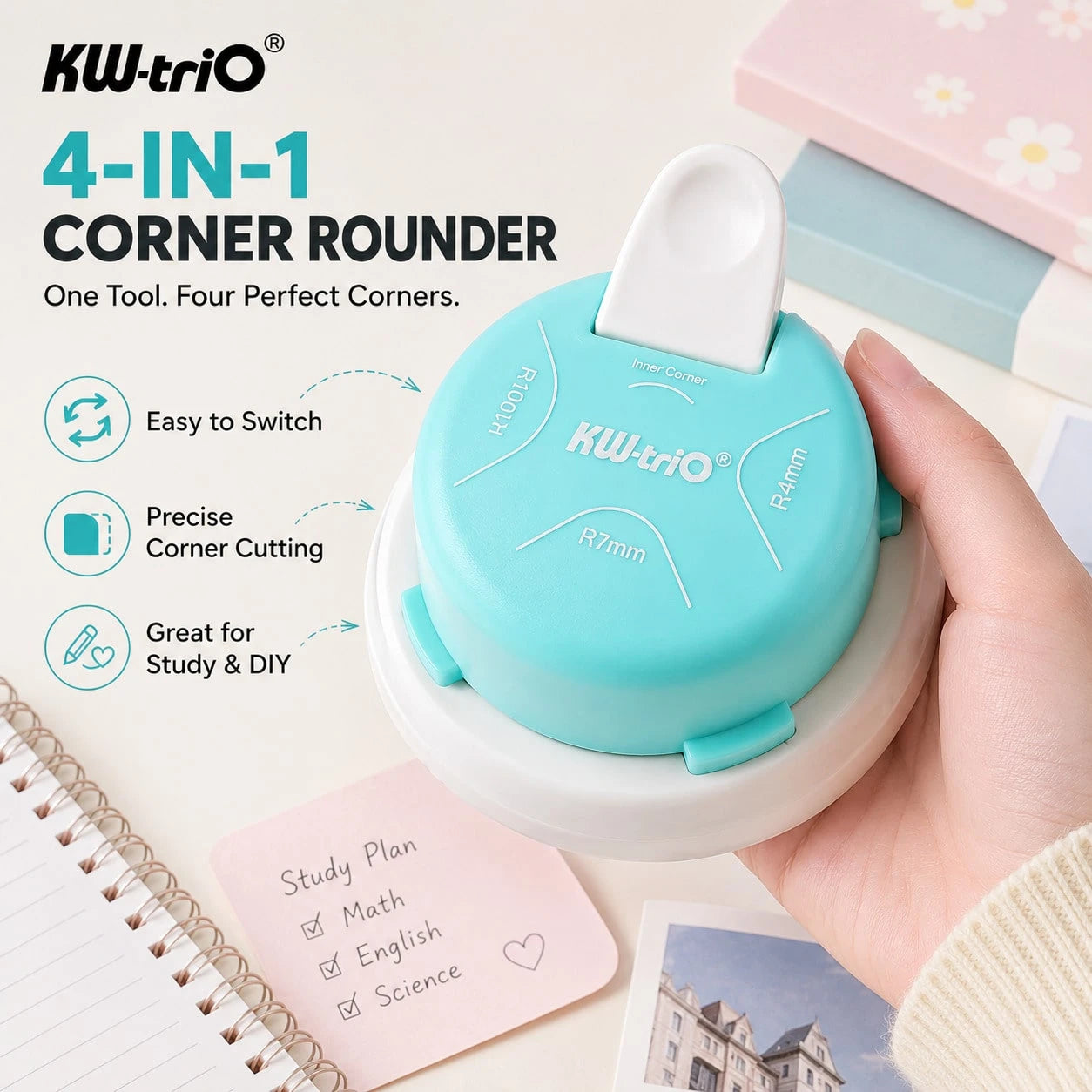 1pc 4-In-1 Corner Rounder Punch, R4/R7/R10 & Inner Corner Paper Cutter For Photos, Cards, Flashcards & School Crafts