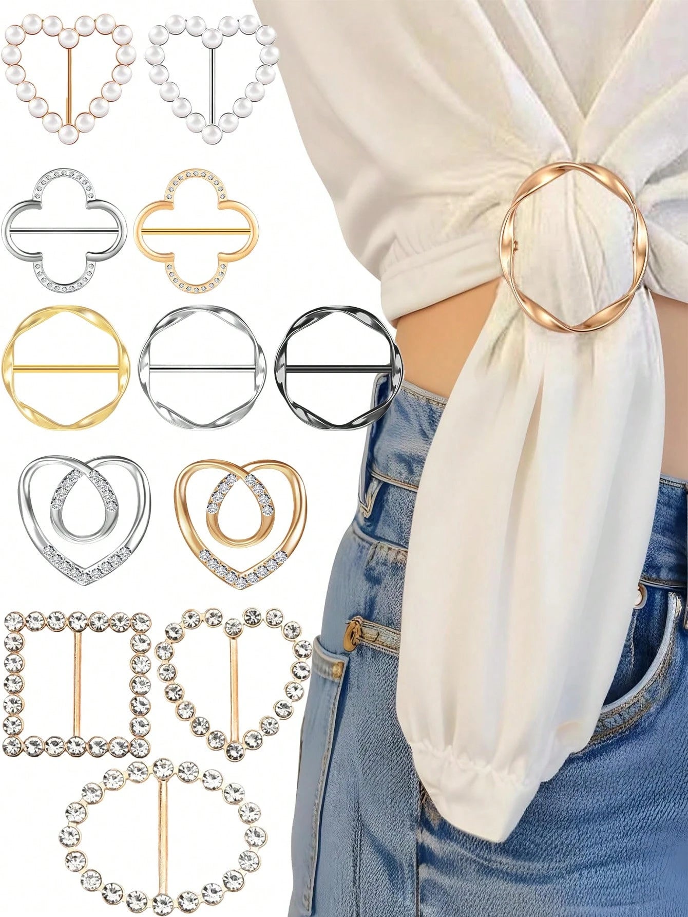 1pc/4pcs Fashion Diamond Buckle Clasp For Men/Women Shirt Jacket Clothing Decorative Accessories- Fashionable Alloy Rhinestone D-Ring Scarf Clip, Shirt Bottom Knot Fasteners