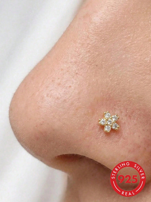 1pc 925 Sterling Silver Cubic Zirconia Flower Shaped Nose Ring/Stud Jewelry
