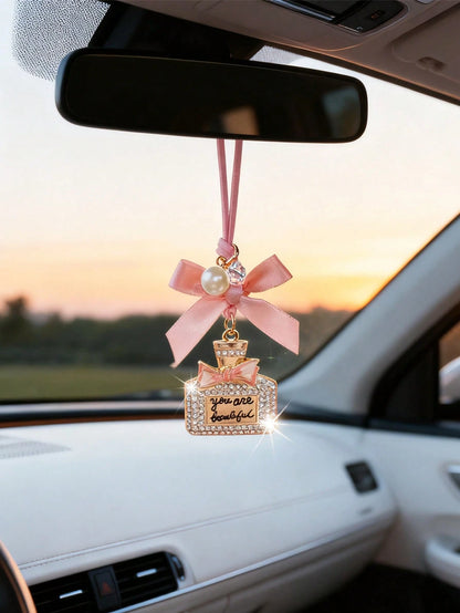1pc Alloy Perfume Bottle Pendant With Bow Decor, Suitable For Car Interior Rearview Mirror Hanging Accessory