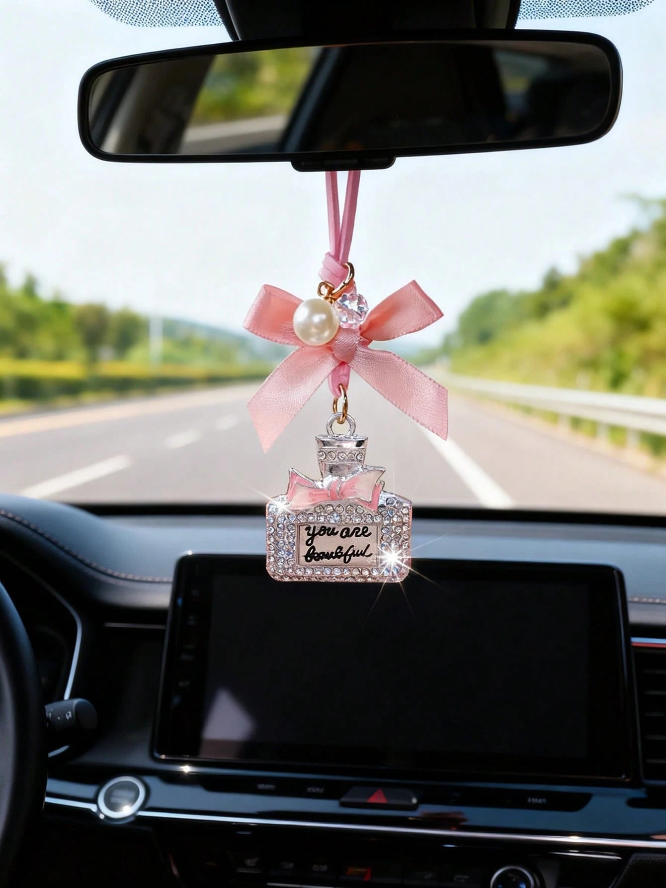 1pc Alloy Perfume Bottle Pendant With Bow Decor, Suitable For Car Interior Rearview Mirror Hanging Accessory