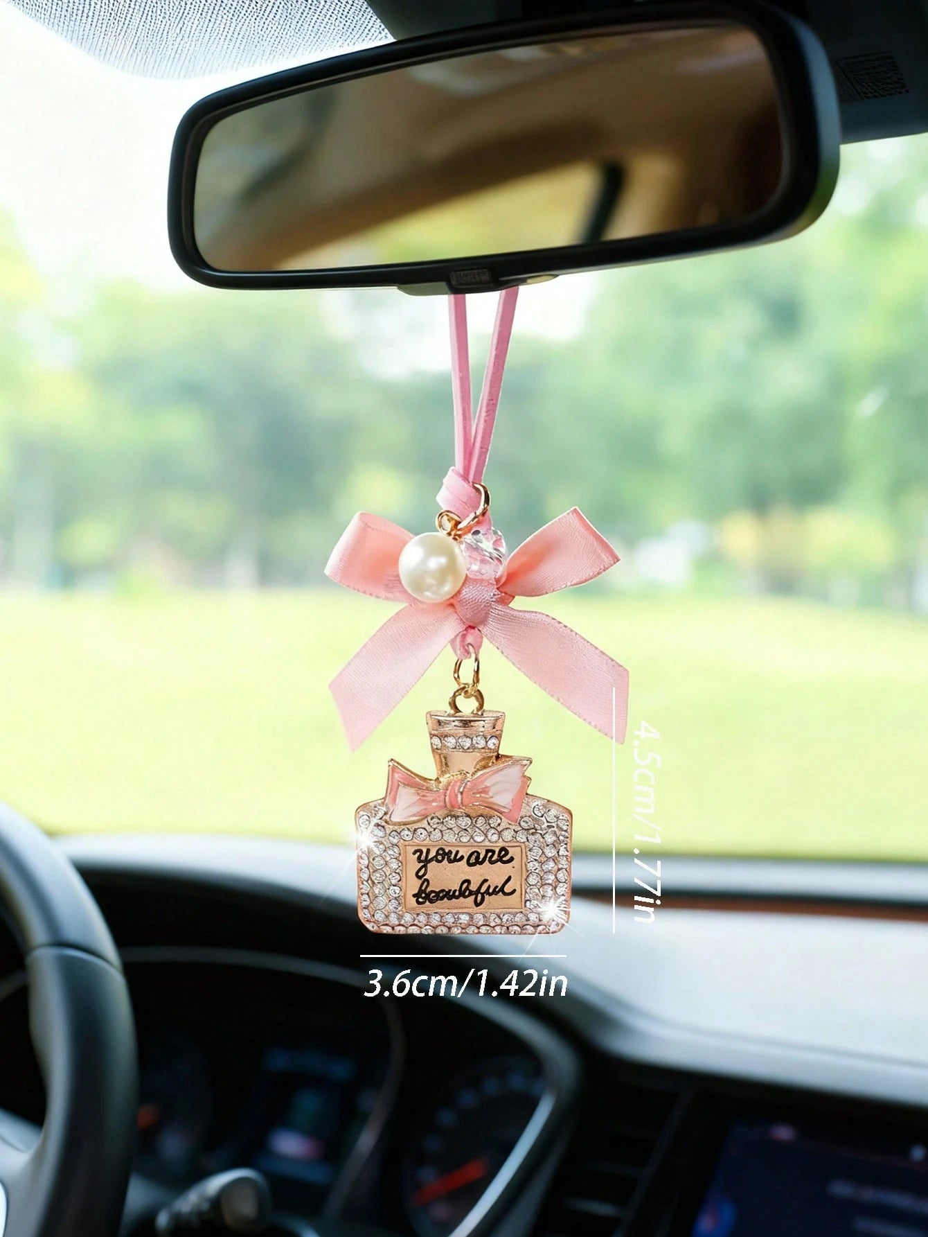 1pc Alloy Perfume Bottle Pendant With Bow Decor, Suitable For Car Interior Rearview Mirror Hanging Accessory