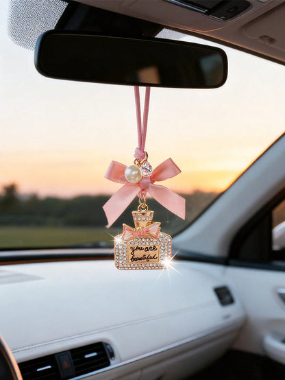 1pc Alloy Perfume Bottle Pendant With Bow Decor, Suitable For Car Interior Rearview Mirror Hanging Accessory