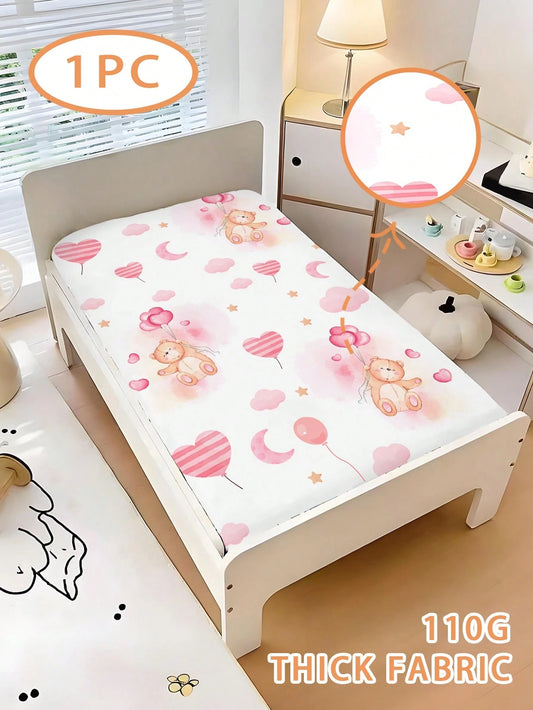 1pc Baby Cartoon Bear Pattern Bed Sheet 110g Pink Heart Balloon Bear, Suitable For Baby Gift, Baby Bed, All Seasons, Machine Washable, 100% Polyester