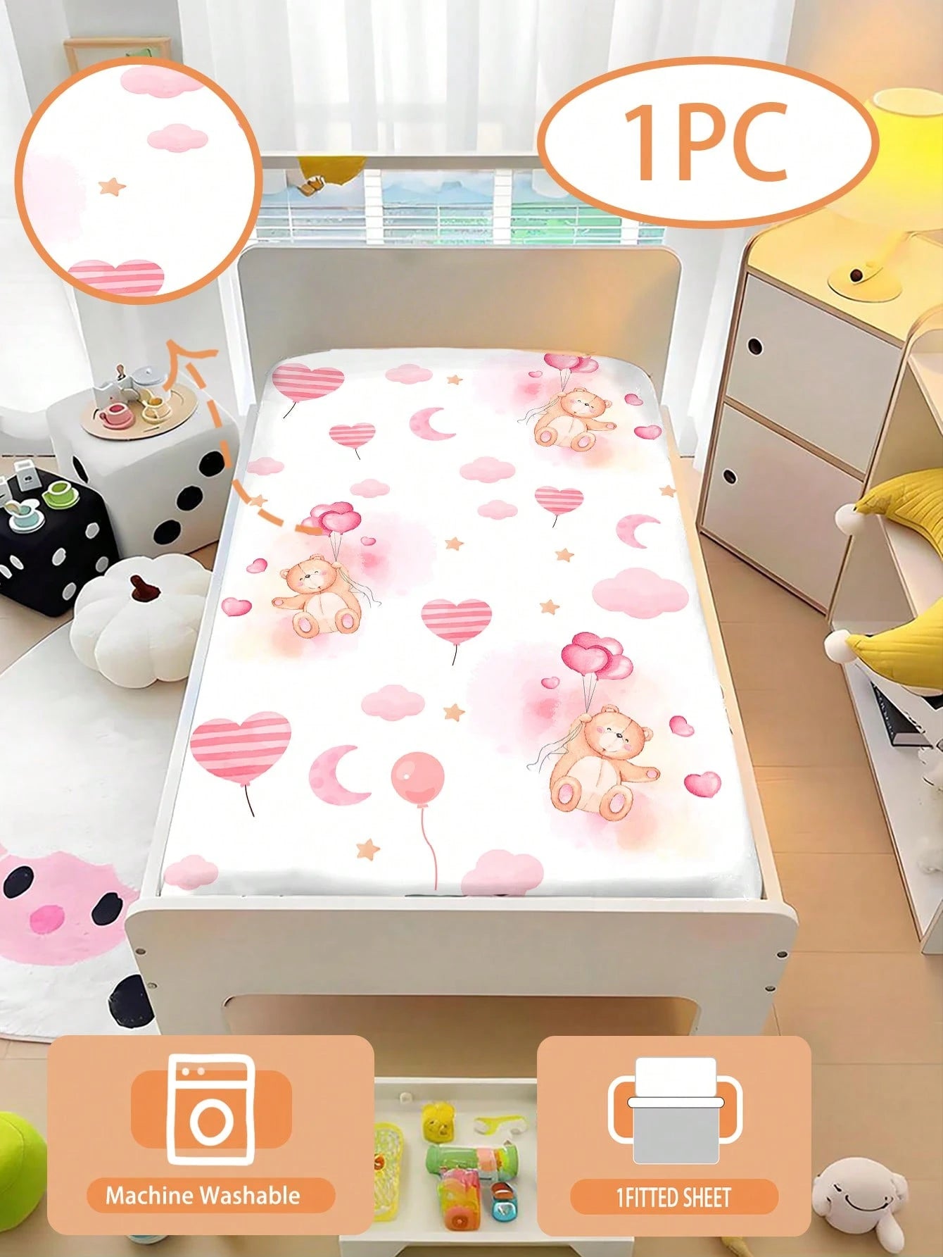 1pc Baby Cartoon Bear Pattern Bed Sheet 110g Pink Heart Balloon Bear, Suitable For Baby Gift, Baby Bed, All Seasons, Machine Washable, 100% Polyester