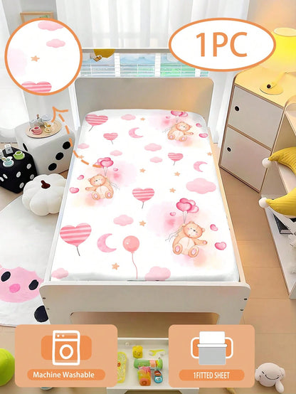 1pc Baby Cartoon Bear Pattern Bed Sheet 110g Pink Heart Balloon Bear, Suitable For Baby Gift, Baby Bed, All Seasons, Machine Washable, 100% Polyester