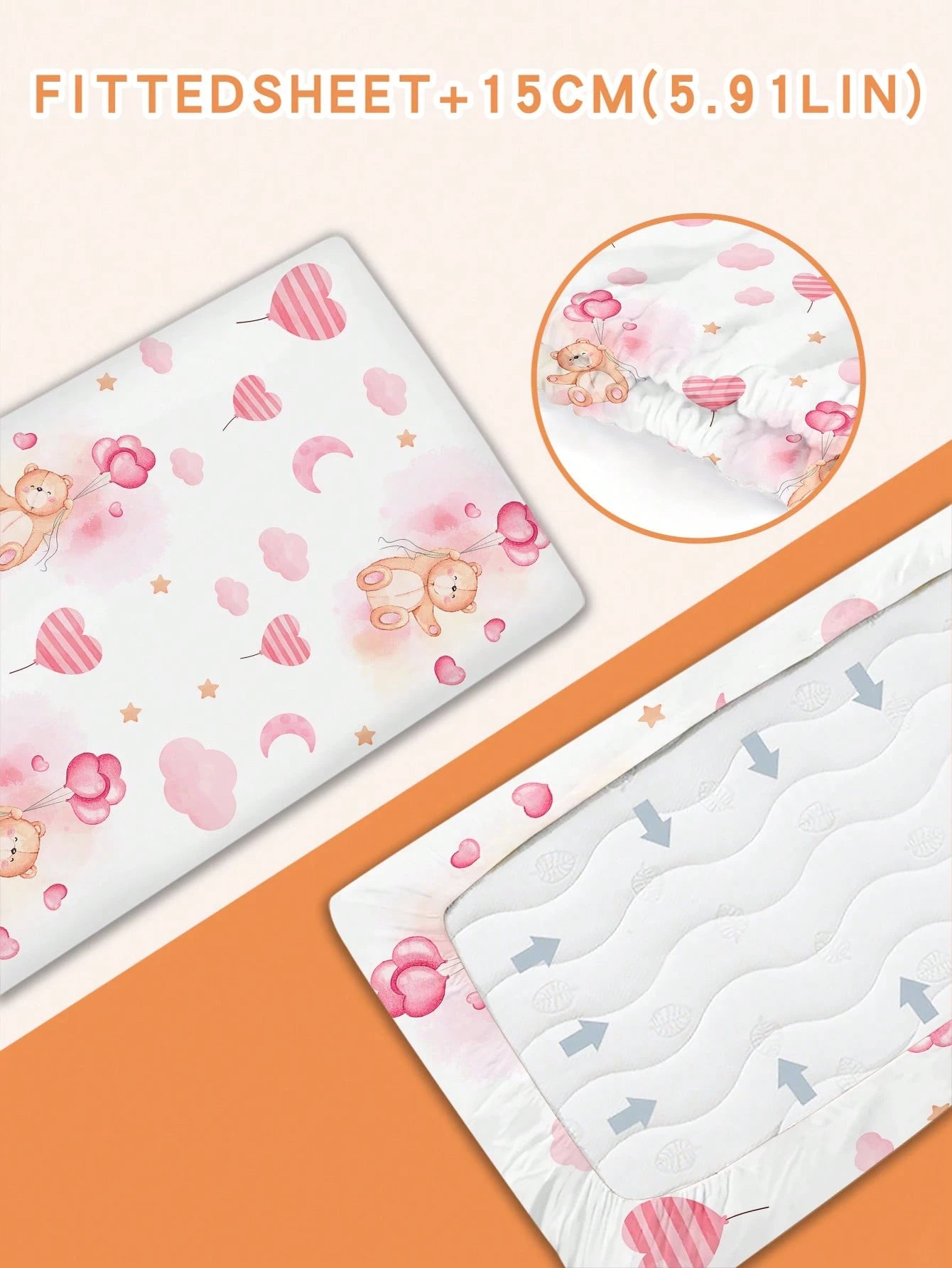 1pc Baby Cartoon Bear Pattern Bed Sheet 110g Pink Heart Balloon Bear, Suitable For Baby Gift, Baby Bed, All Seasons, Machine Washable, 100% Polyester