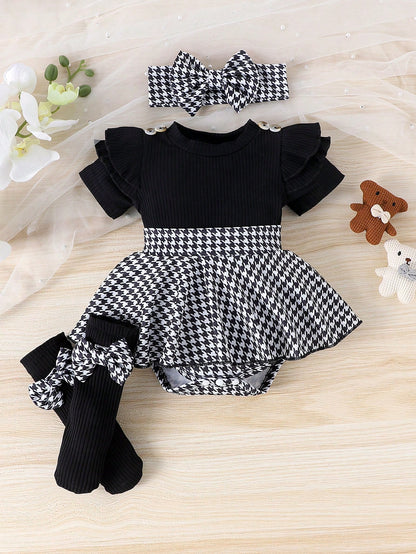 1pc Baby Girl Cute Comfortable Short Sleeve Ribbed Patchwork Romper With Leg Warmers And Headband, Thin Summer
