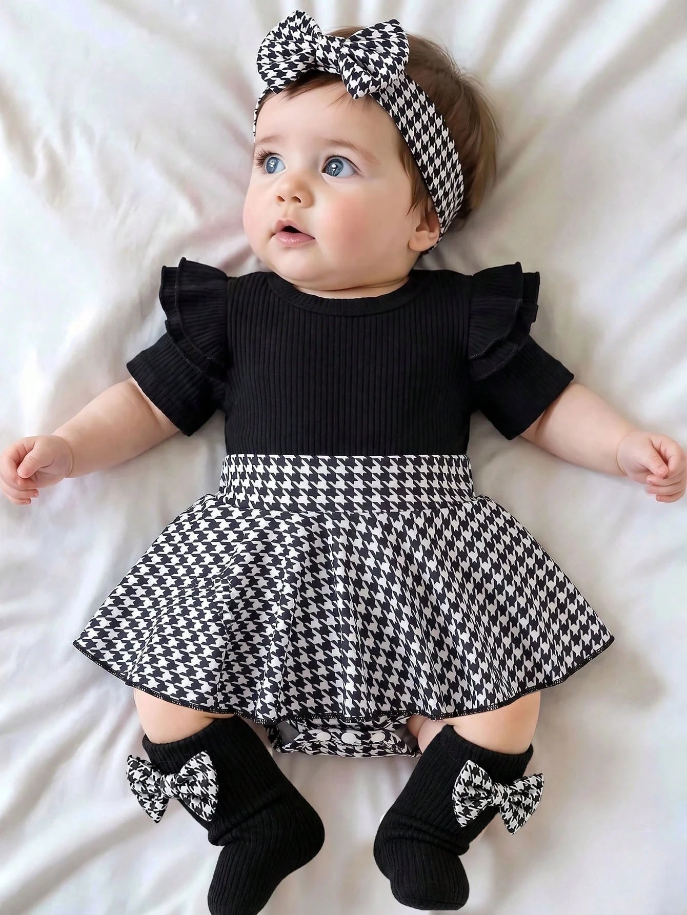 1pc Baby Girl Cute Comfortable Short Sleeve Ribbed Patchwork Romper With Leg Warmers And Headband, Thin Summer