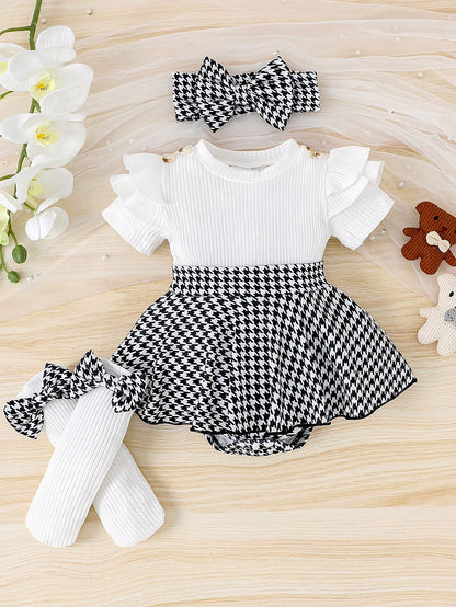 1pc Baby Girl Cute Comfortable Short Sleeve Ribbed Patchwork Romper With Leg Warmers And Headband, Thin Summer