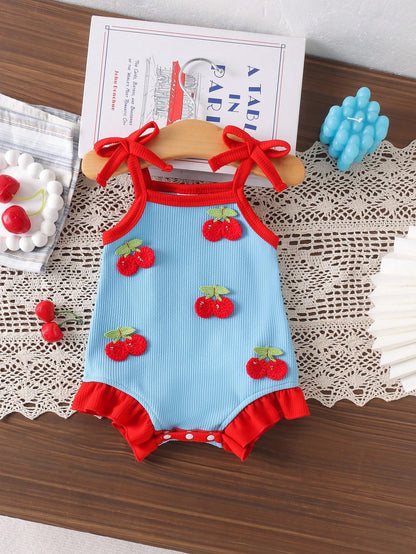 1pc Baby Girl Sweet Cute Contrast Color 3D Cherry Decor Sleeveless Bodysuit, Lightweight Summer, Baby Shower Gift