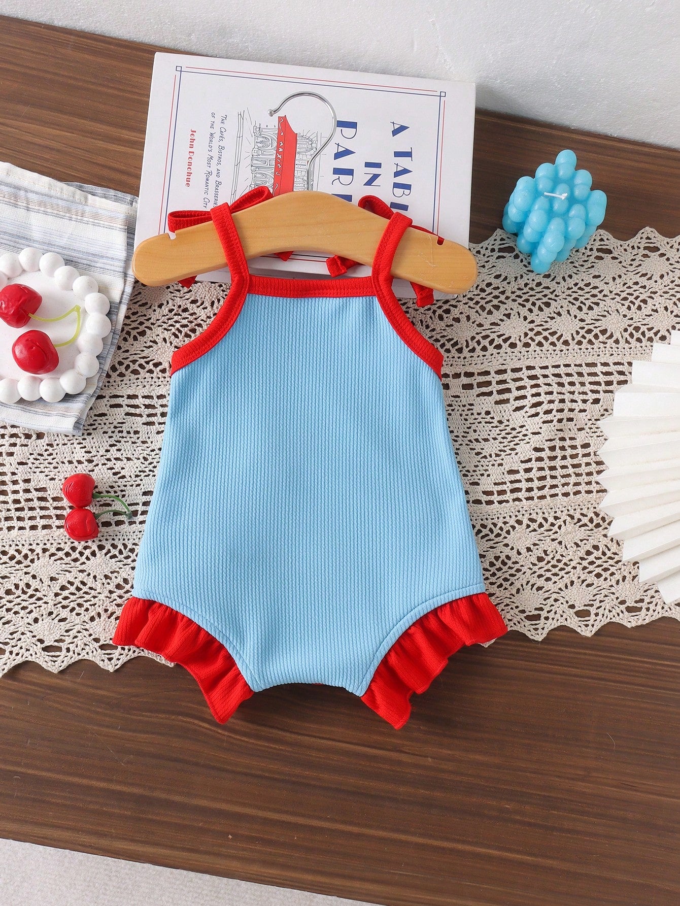 1pc Baby Girl Sweet Cute Contrast Color 3D Cherry Decor Sleeveless Bodysuit, Lightweight Summer, Baby Shower Gift
