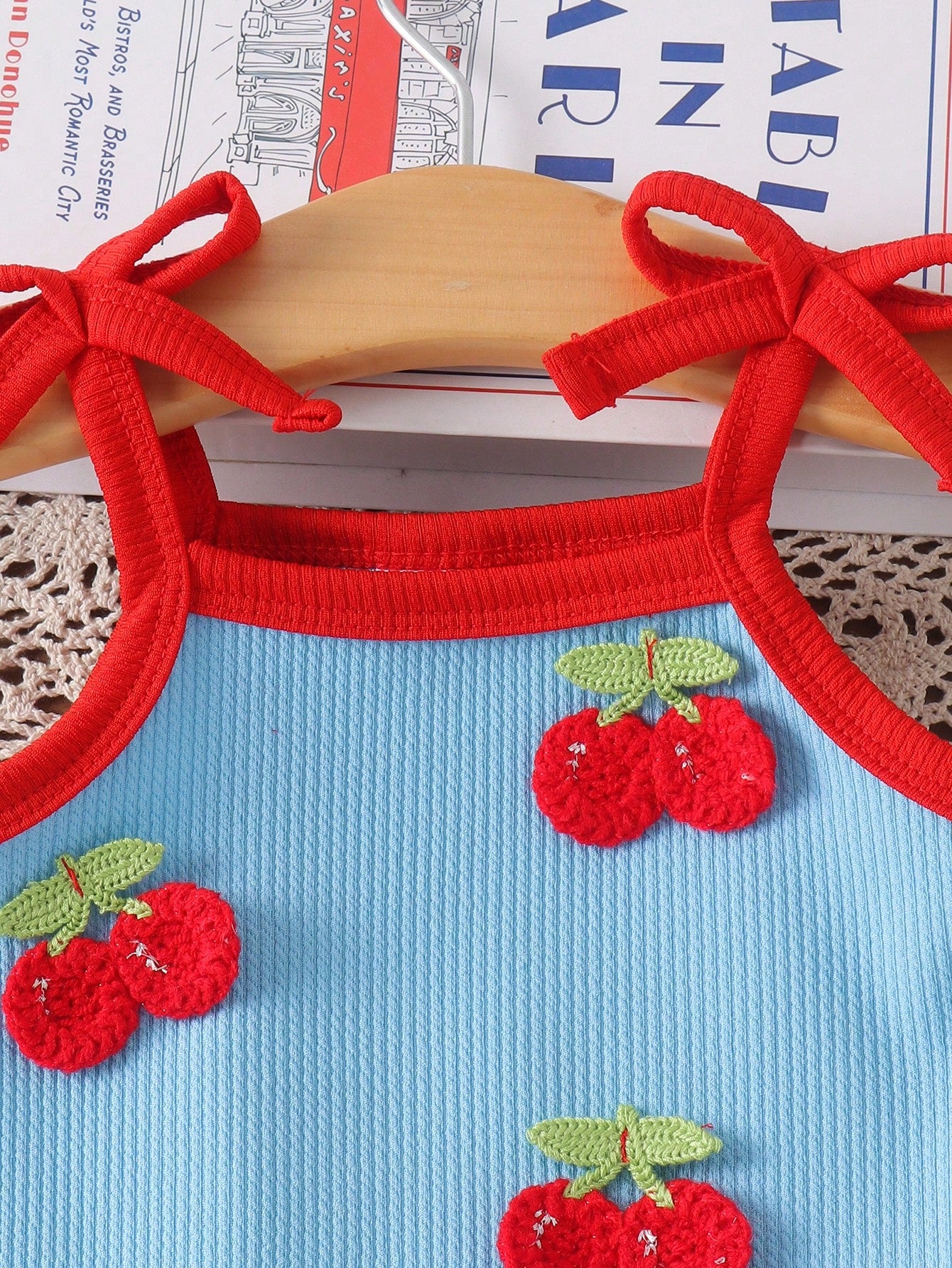 1pc Baby Girl Sweet Cute Contrast Color 3D Cherry Decor Sleeveless Bodysuit, Lightweight Summer, Baby Shower Gift
