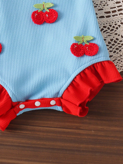 1pc Baby Girl Sweet Cute Contrast Color 3D Cherry Decor Sleeveless Bodysuit, Lightweight Summer, Baby Shower Gift