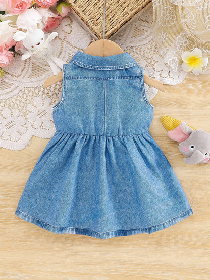 1pc Baby Girls Turndown Collar Sleeveless Denim Print Cartoon Animal Graphic Blouson Dress Baby Blue Summer Casual Cute School Back-To-School