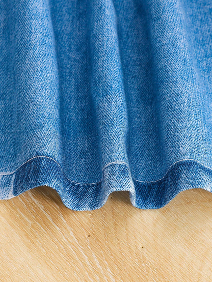 1pc Baby Girls Turndown Collar Sleeveless Denim Print Cartoon Animal Graphic Blouson Dress Baby Blue Summer Casual Cute School Back-To-School