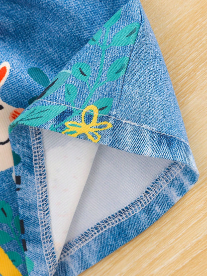 1pc Baby Girls Turndown Collar Sleeveless Denim Print Cartoon Animal Graphic Blouson Dress Baby Blue Summer Casual Cute School Back-To-School