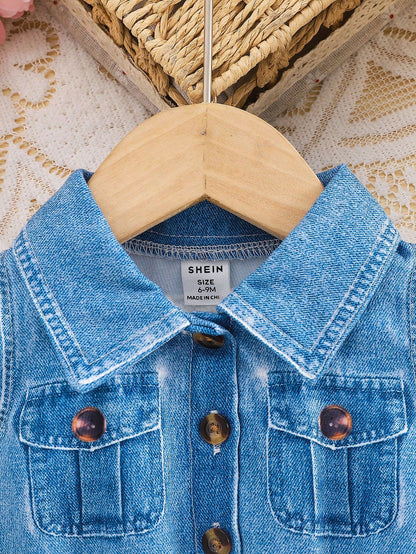 1pc Baby Girls Turndown Collar Sleeveless Denim Print Cartoon Animal Graphic Blouson Dress Baby Blue Summer Casual Cute School Back-To-School