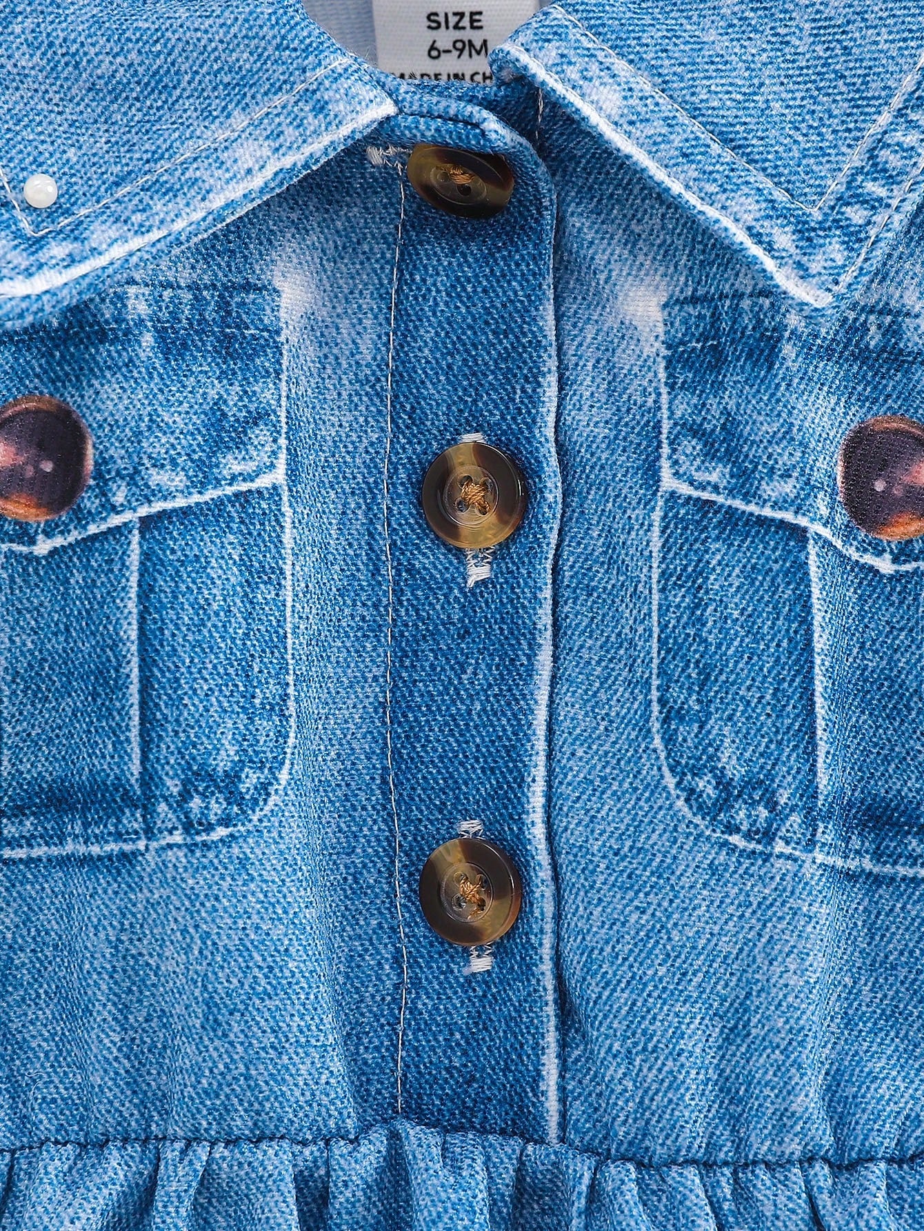 1pc Baby Girls Turndown Collar Sleeveless Denim Print Cartoon Animal Graphic Blouson Dress Baby Blue Summer Casual Cute School Back-To-School