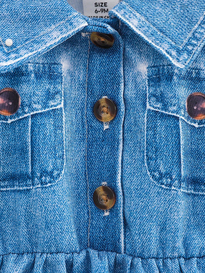 1pc Baby Girls Turndown Collar Sleeveless Denim Print Cartoon Animal Graphic Blouson Dress Baby Blue Summer Casual Cute School Back-To-School