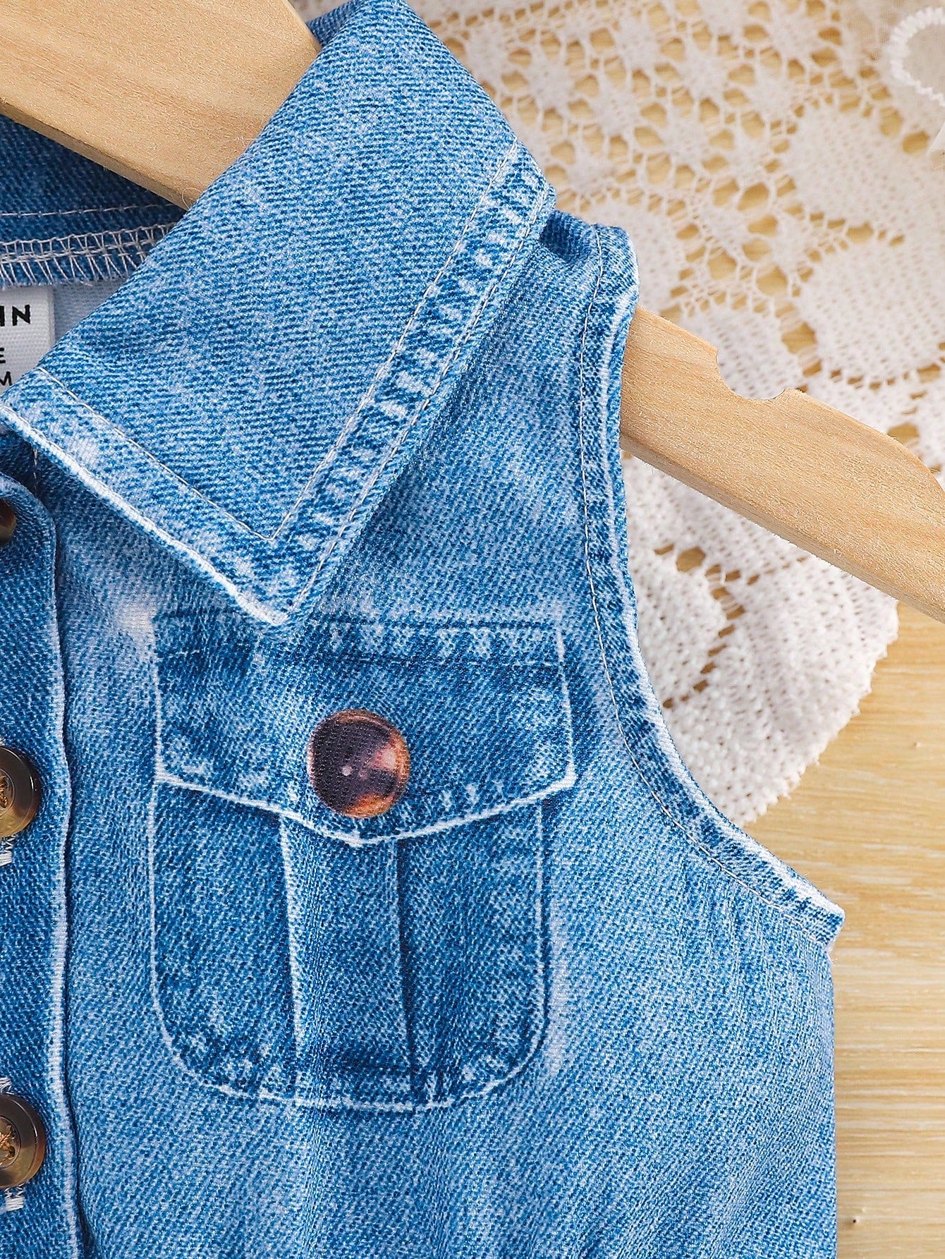1pc Baby Girls Turndown Collar Sleeveless Denim Print Cartoon Animal Graphic Blouson Dress Baby Blue Summer Casual Cute School Back-To-School