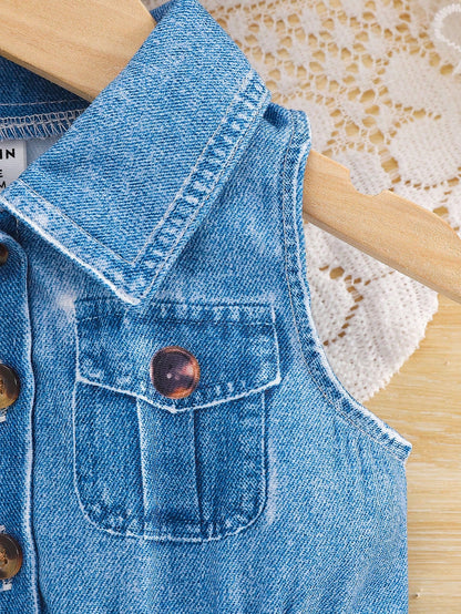 1pc Baby Girls Turndown Collar Sleeveless Denim Print Cartoon Animal Graphic Blouson Dress Baby Blue Summer Casual Cute School Back-To-School