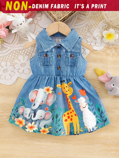 1pc Baby Girls Turndown Collar Sleeveless Denim Print Cartoon Animal Graphic Blouson Dress Baby Blue Summer Casual Cute School Back-To-School
