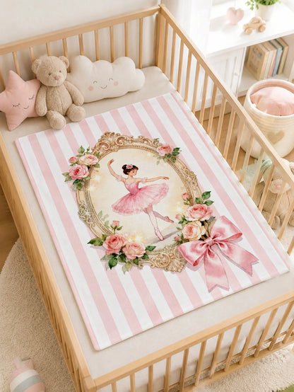 1pc Ballet Girl Pink & White Striped Flannel Blanket, Soft & Warm Nap Blanket For Sofa, Office, Bed, Camping, Travel, Multi-Purpose Holiday, Birthday, Daily Gift Blanket