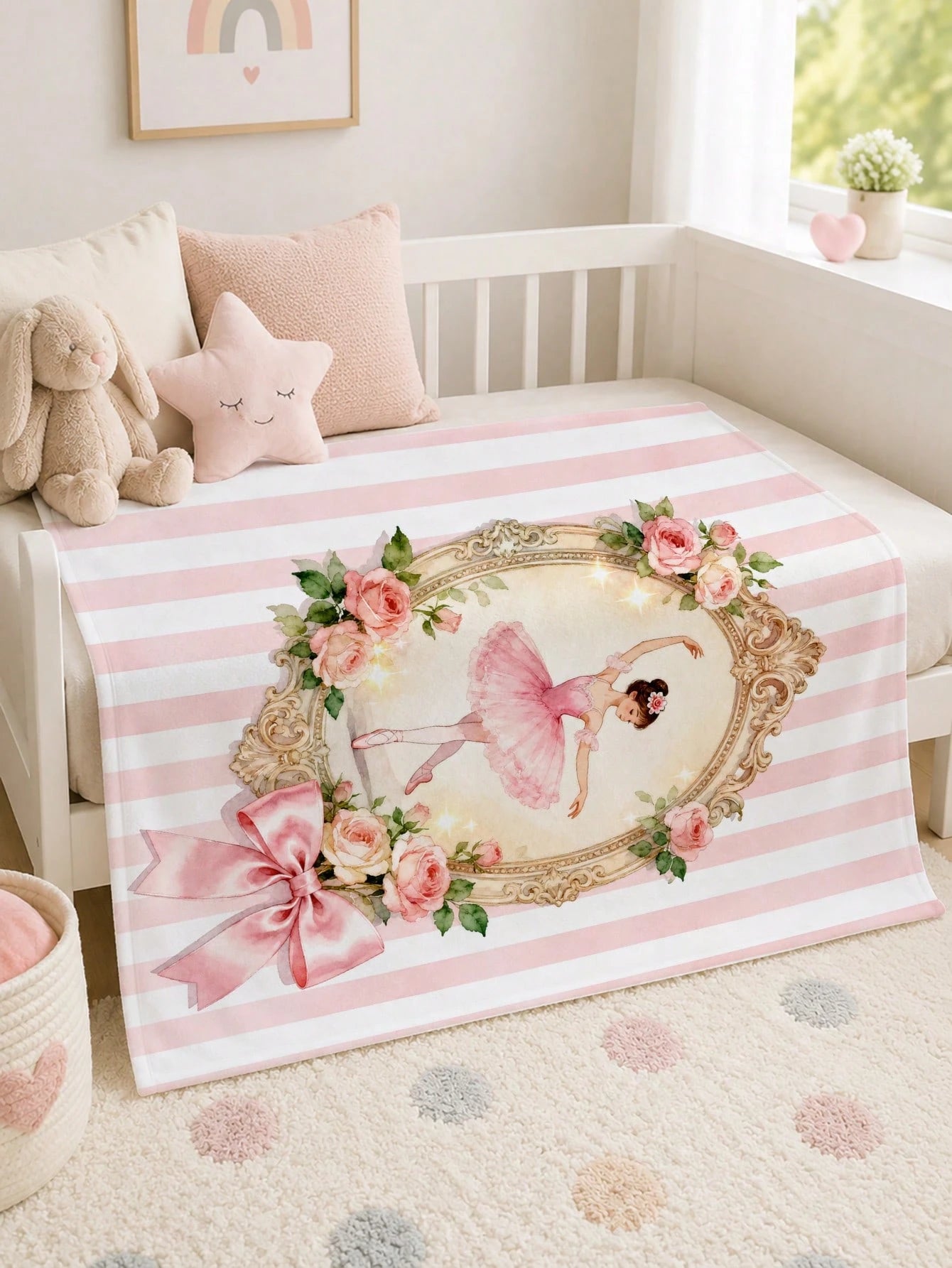 1pc Ballet Girl Pink & White Striped Flannel Blanket, Soft & Warm Nap Blanket For Sofa, Office, Bed, Camping, Travel, Multi-Purpose Holiday, Birthday, Daily Gift Blanket