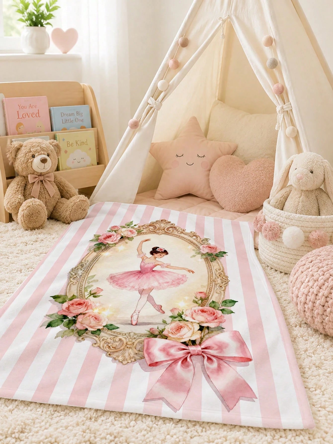 1pc Ballet Girl Pink & White Striped Flannel Blanket, Soft & Warm Nap Blanket For Sofa, Office, Bed, Camping, Travel, Multi-Purpose Holiday, Birthday, Daily Gift Blanket