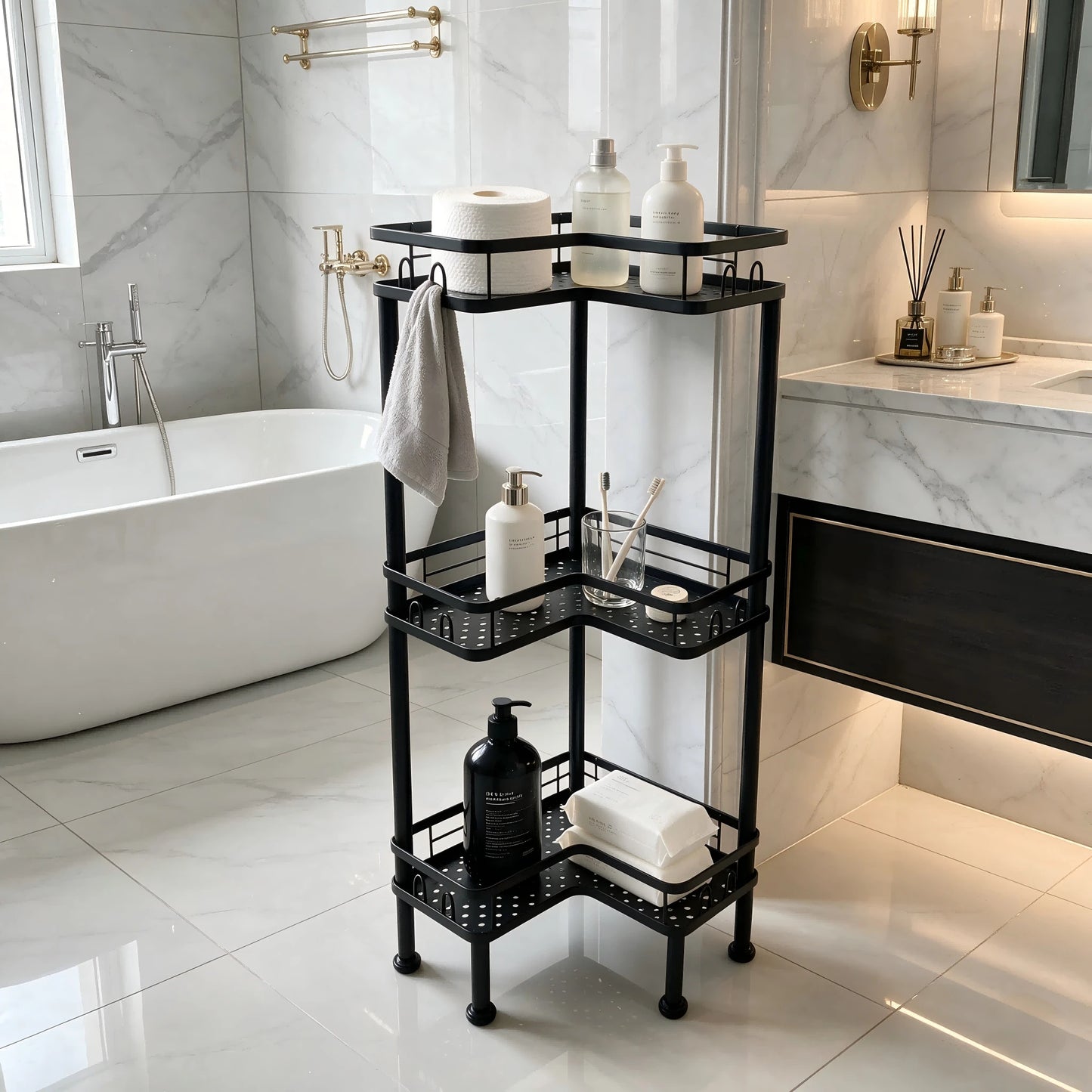 1PC Bathroom Corner Storage Rack, Wall Corner Three-Tier Triangle Shower Shelf With Soap Holder And 2 Hooks, Large Capacity Corner Rack Suitable For Bathroom, Lounge