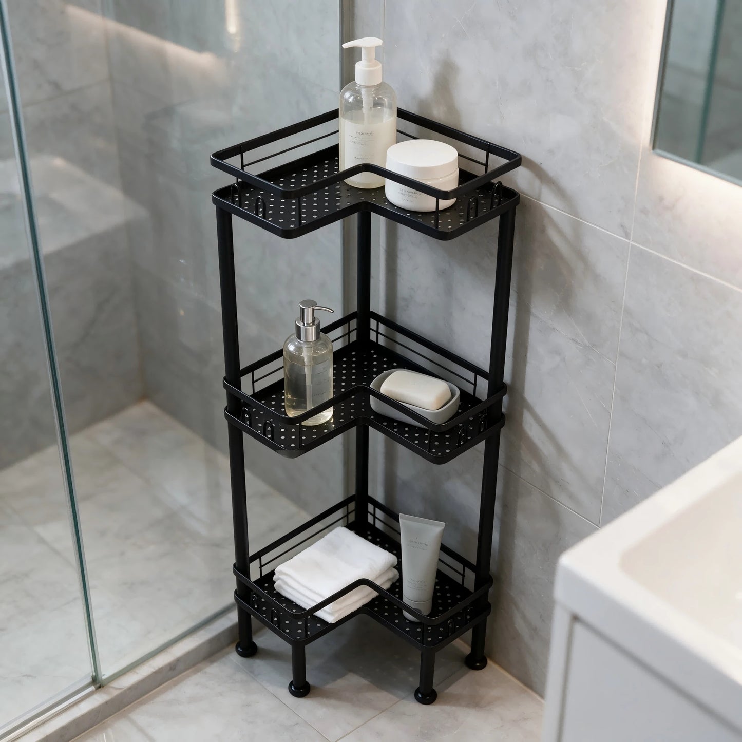 1PC Bathroom Corner Storage Rack, Wall Corner Three-Tier Triangle Shower Shelf With Soap Holder And 2 Hooks, Large Capacity Corner Rack Suitable For Bathroom, Lounge