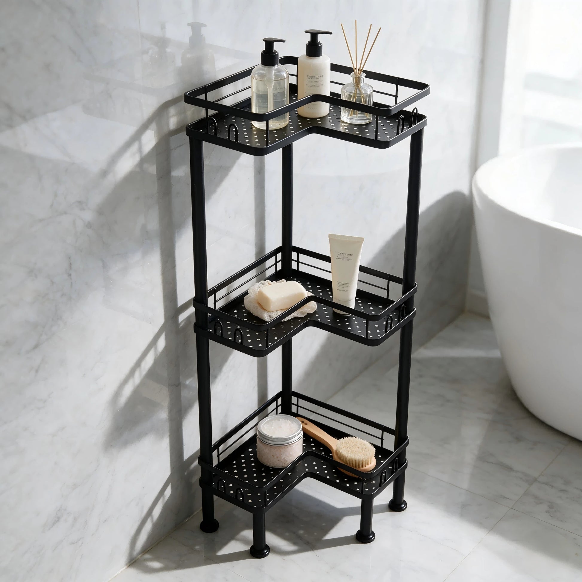 1PC Bathroom Corner Storage Rack, Wall Corner Three-Tier Triangle Shower Shelf With Soap Holder And 2 Hooks, Large Capacity Corner Rack Suitable For Bathroom, Lounge