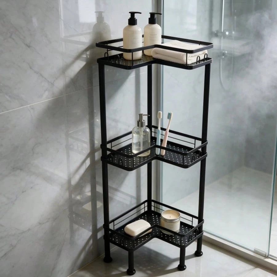 1PC Bathroom Corner Storage Rack, Wall Corner Three-Tier Triangle Shower Shelf With Soap Holder And 2 Hooks, Large Capacity Corner Rack Suitable For Bathroom, Lounge