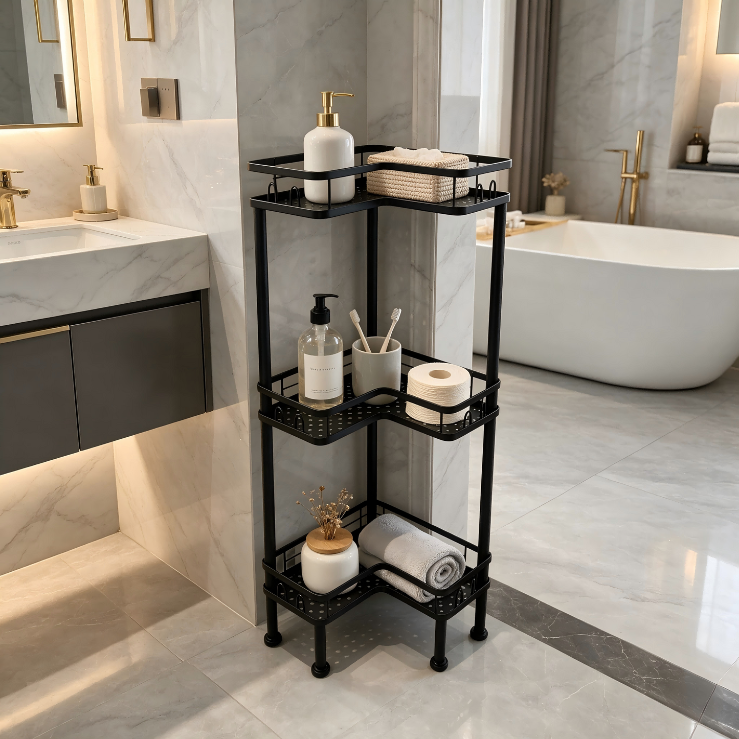 1PC Bathroom Corner Storage Rack, Wall Corner Three-Tier Triangle Shower Shelf With Soap Holder And 2 Hooks, Large Capacity Corner Rack Suitable For Bathroom, Lounge