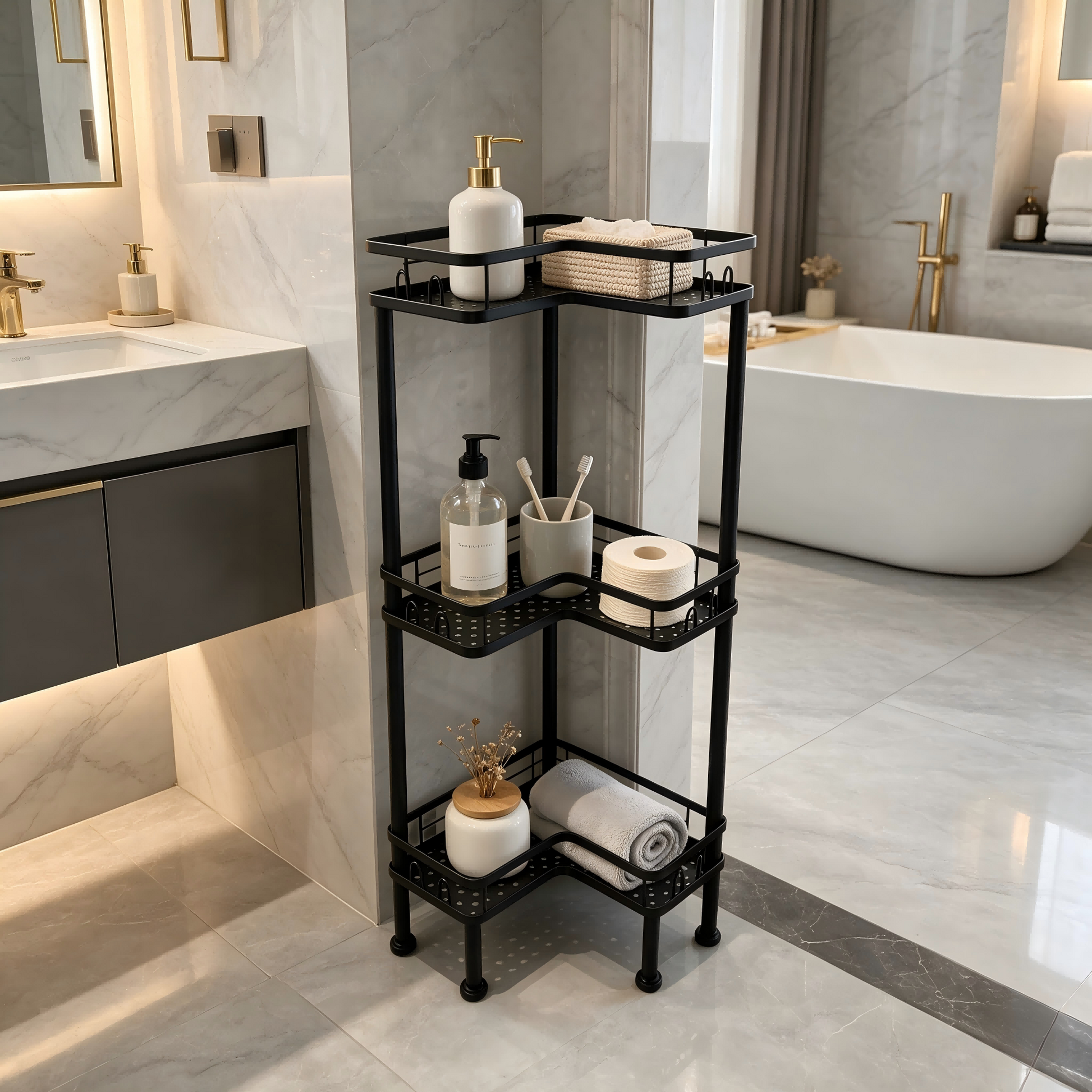 1PC Bathroom Corner Storage Rack, Wall Corner Three-Tier Triangle Shower Shelf With Soap Holder And 2 Hooks, Large Capacity Corner Rack Suitable For Bathroom, Lounge