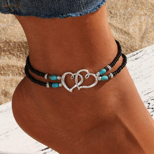 1pc Bohemian Style Multi-Layer Beaded Hollow Double Heart Pendant Anklet, Summer Beach Holiday Foot Jewelry Gift