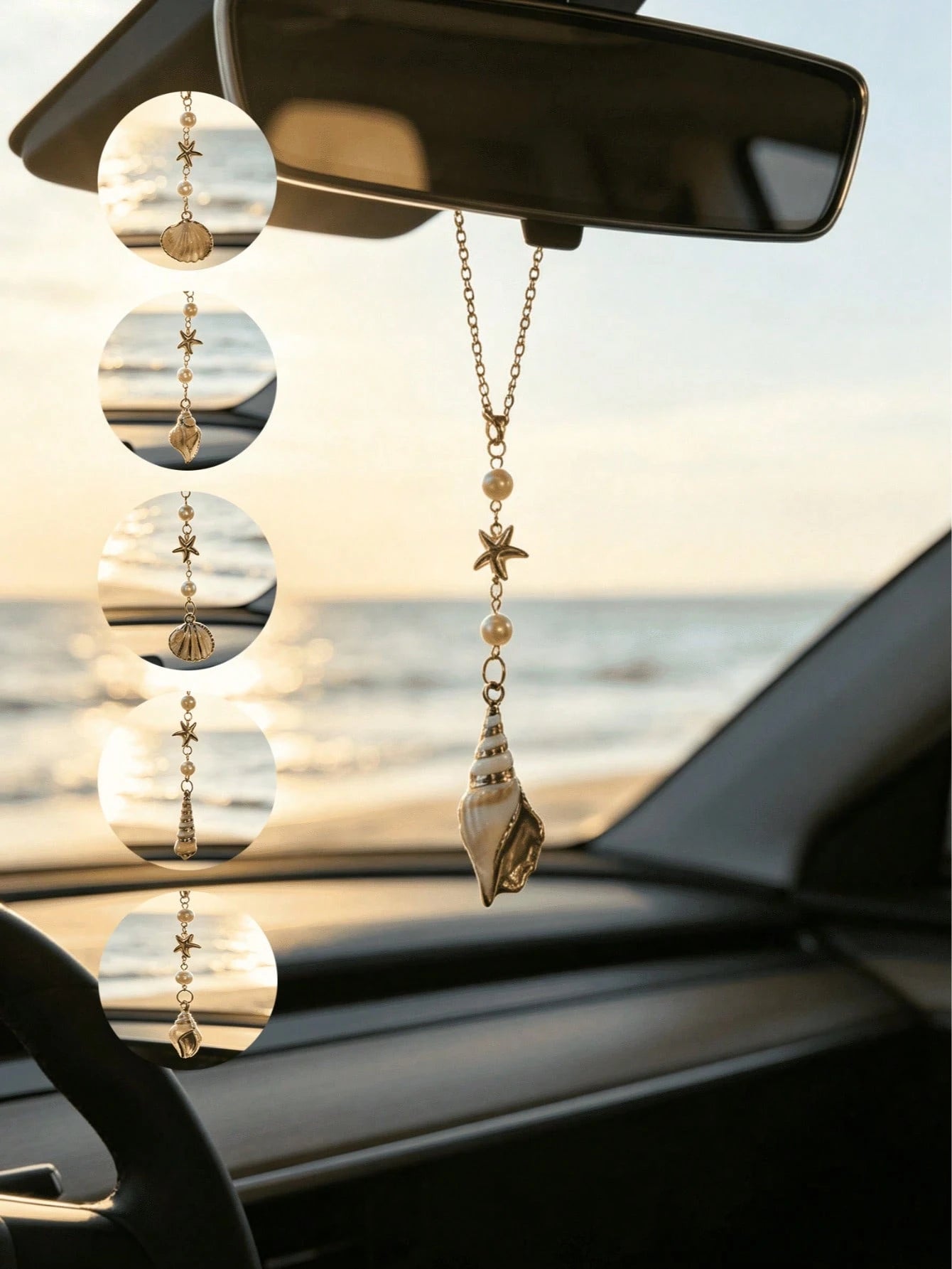 1pc Bohemian Style Ocean Shell Starfish Pearl Car Rearview Mirror Hanging Ornament, 6 Styles Beach Theme Metal Car Interior Pendant, Vehicle Windshield Decoration