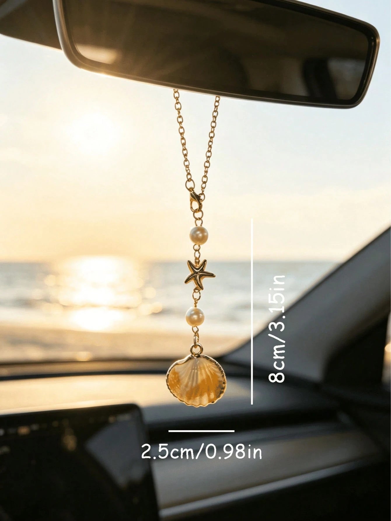 1pc Bohemian Style Ocean Shell Starfish Pearl Car Rearview Mirror Hanging Ornament, 6 Styles Beach Theme Metal Car Interior Pendant, Vehicle Windshield Decoration