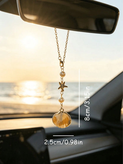 1pc Bohemian Style Ocean Shell Starfish Pearl Car Rearview Mirror Hanging Ornament, 6 Styles Beach Theme Metal Car Interior Pendant, Vehicle Windshield Decoration