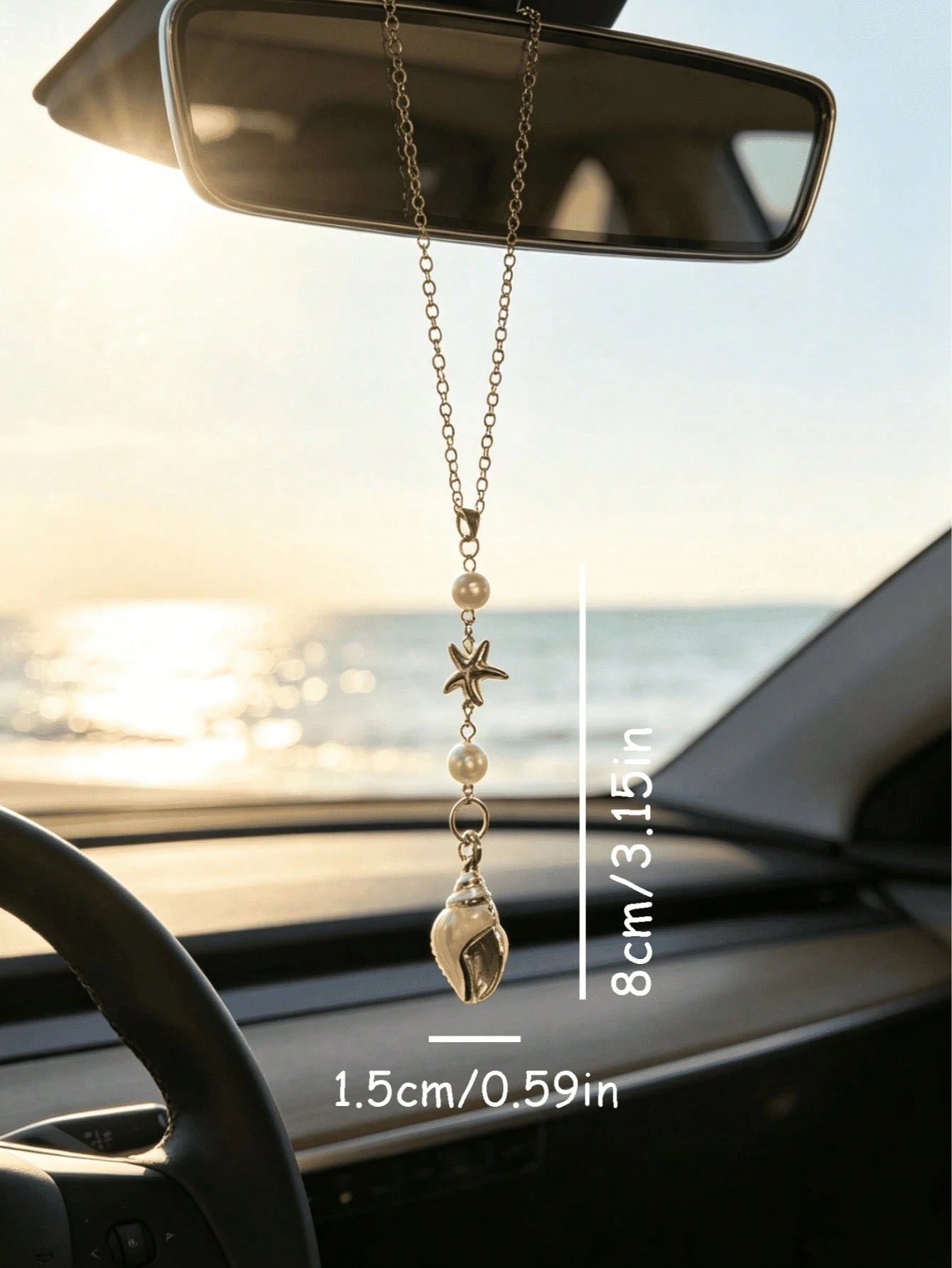 1pc Bohemian Style Ocean Shell Starfish Pearl Car Rearview Mirror Hanging Ornament, 6 Styles Beach Theme Metal Car Interior Pendant, Vehicle Windshield Decoration