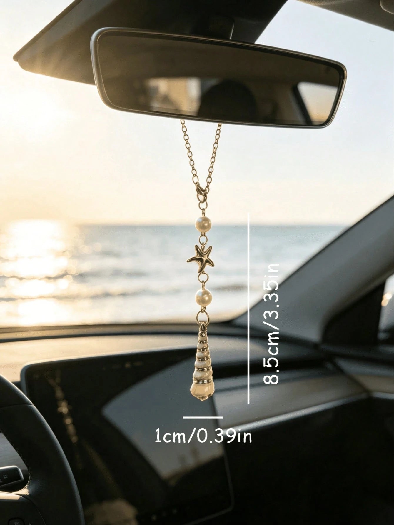 1pc Bohemian Style Ocean Shell Starfish Pearl Car Rearview Mirror Hanging Ornament, 6 Styles Beach Theme Metal Car Interior Pendant, Vehicle Windshield Decoration