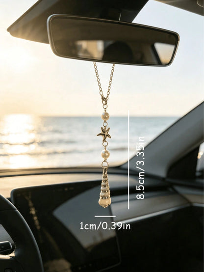 1pc Bohemian Style Ocean Shell Starfish Pearl Car Rearview Mirror Hanging Ornament, 6 Styles Beach Theme Metal Car Interior Pendant, Vehicle Windshield Decoration