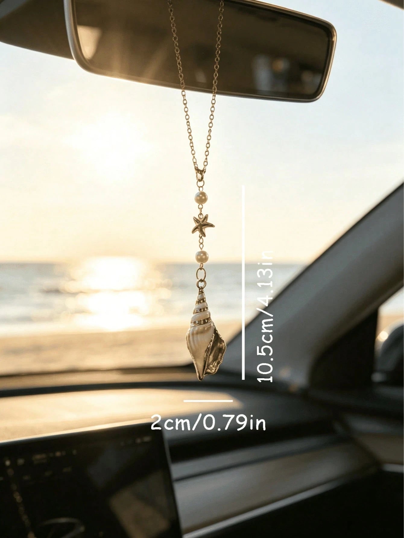 1pc Bohemian Style Ocean Shell Starfish Pearl Car Rearview Mirror Hanging Ornament, 6 Styles Beach Theme Metal Car Interior Pendant, Vehicle Windshield Decoration